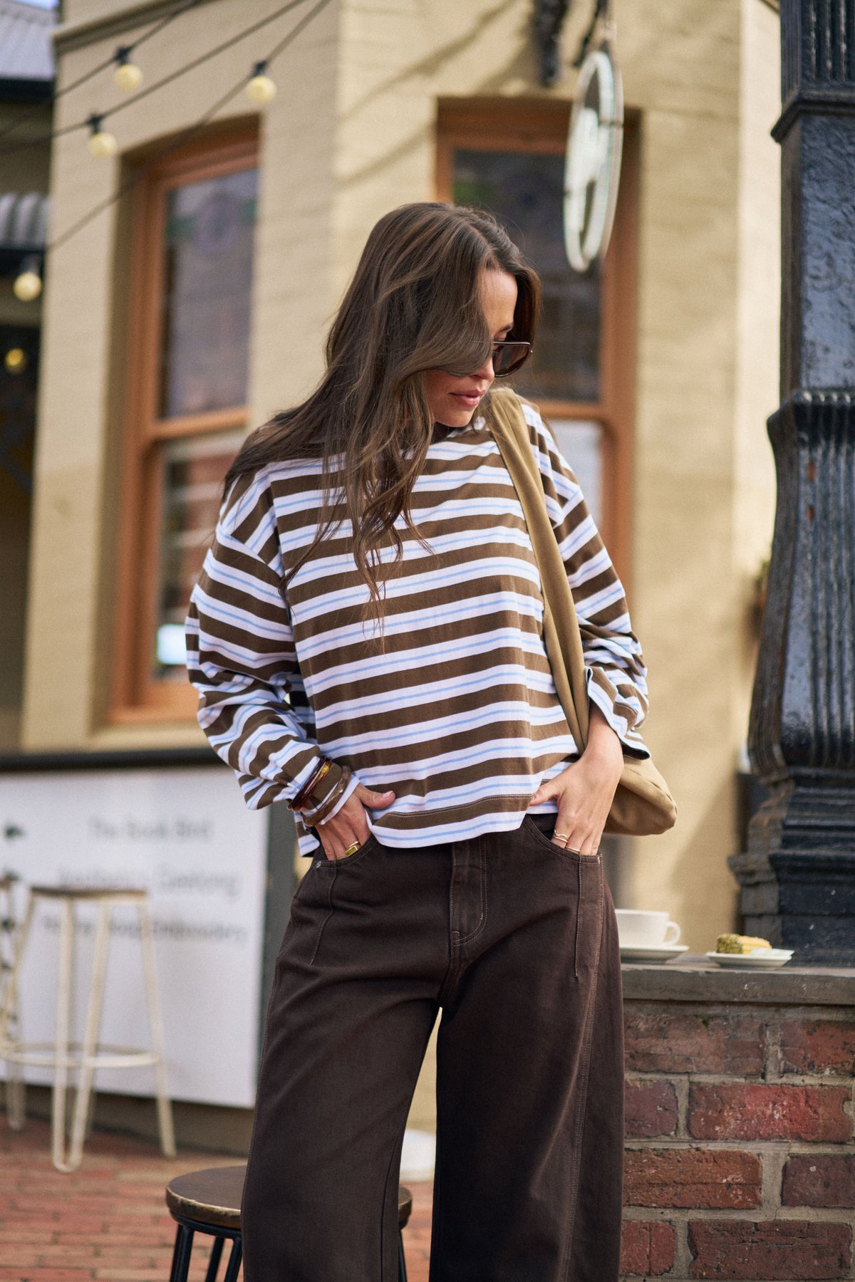 Beau Long Sleeve - Cocoa Sky Blue Stripe