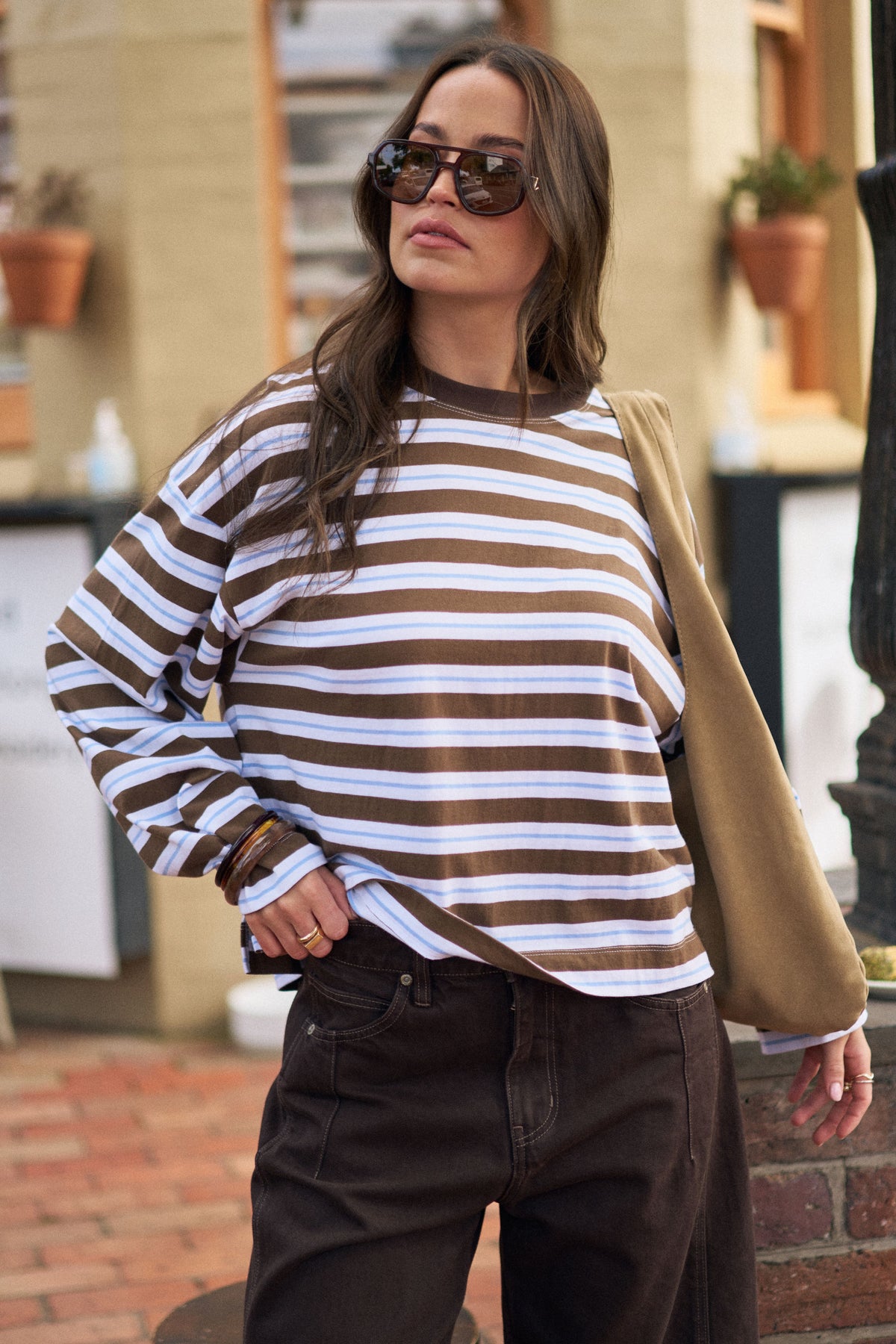 Beau Long Sleeve - Cocoa Sky Blue Stripe