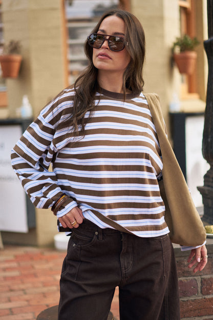 Beau Long Sleeve - Cocoa Sky Blue Stripe