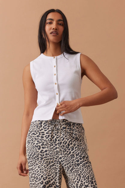 Lyla Button Rib Tank - White