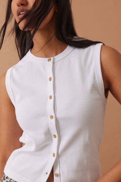Lyla Button Rib Tank - White