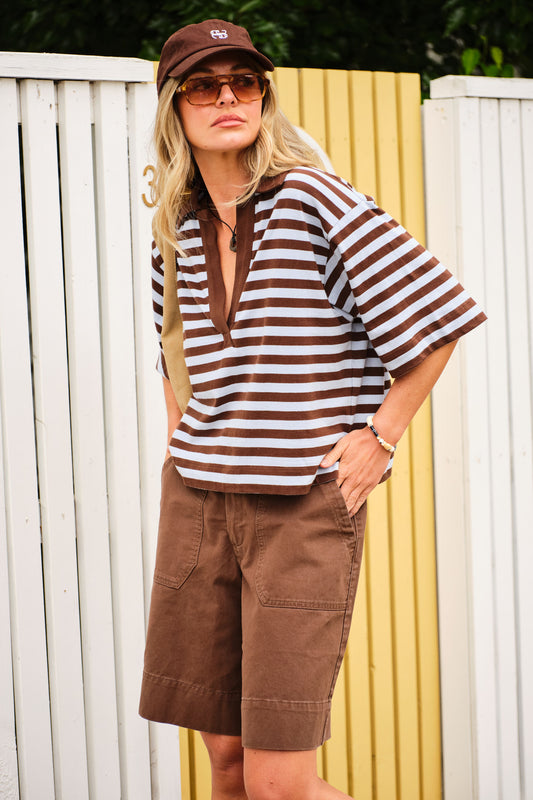 Arlie Short Sleeve Rugby - Choc/Chalk Stripe