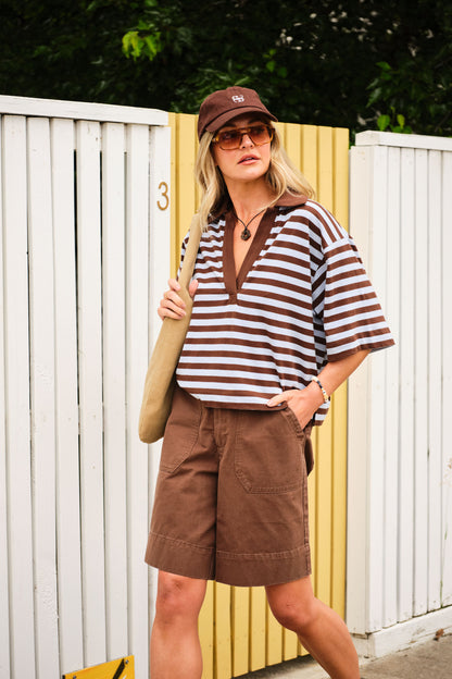 Arlie Short Sleeve Rugby - Choc/Chalk Stripe
