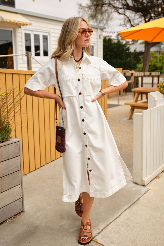 Ava Short Sleeve Midi Dress - Fresh Ecru Twill